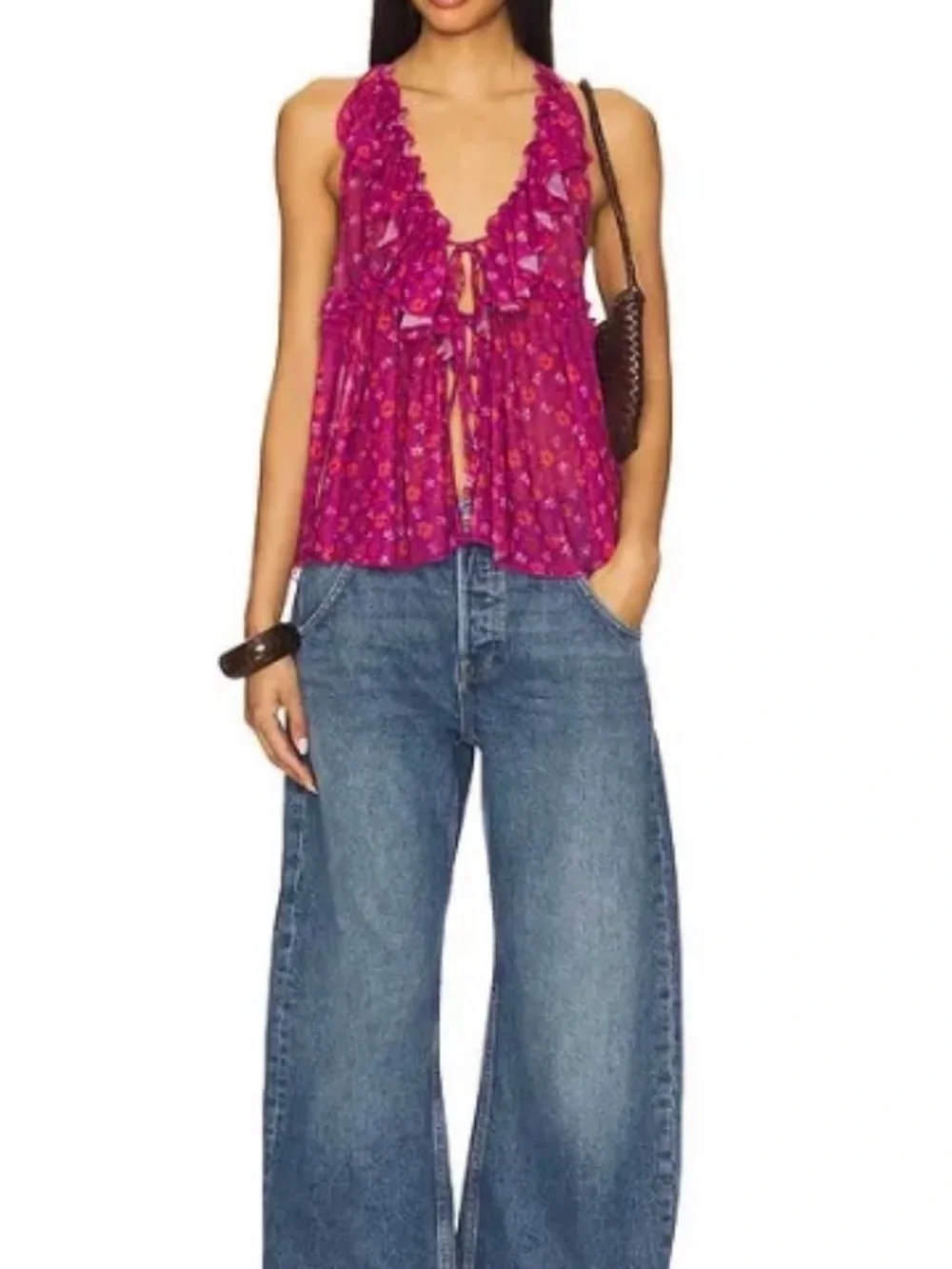 Free People Fuchsia Floral Ruffle Halter Camisole